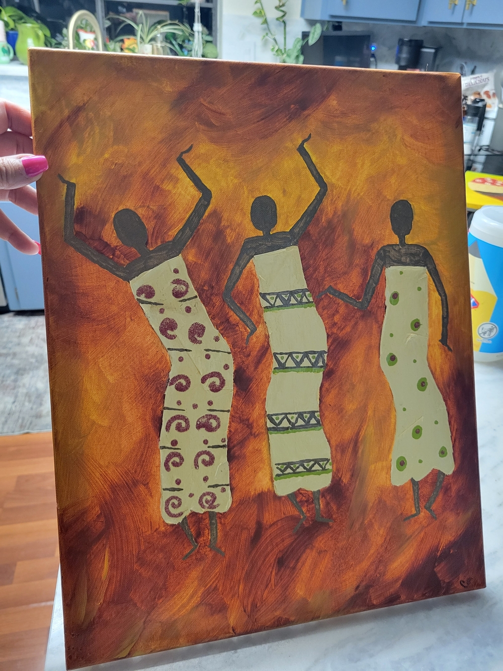 Hand Made African Women Dancing Painting Raised Texture